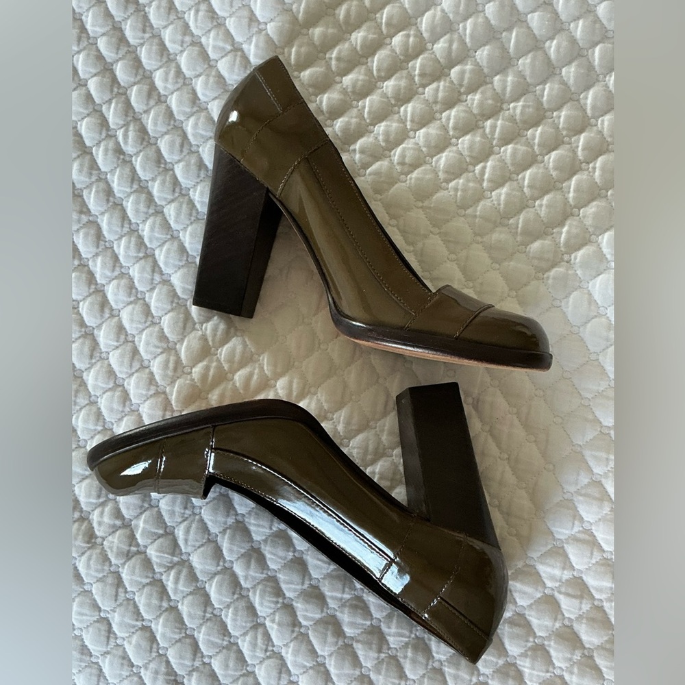 Cole Haan Kendra Nike Air Patent Leather Sepia/Green Block Heel Pumps 7,5 - Picture 10 of 15